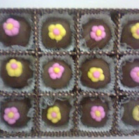 Doce de leite em pó banhado com chocolate preto e flor de pasta americana.