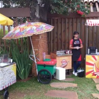 Carrinho de lanches. Pipoca, algodão doce, batata frita, churros, crepe suíço, hambúrguer, picolés