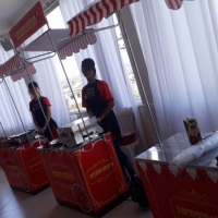 Carrinho de lanches. Pipoca, algodão doce, batata frita, churros, crepe suíço, hambúrguer, picolés