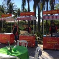 Carrinho de lanches. Pipoca, algodão doce, batata frita, churros, crepe suíço, hambúrguer, picolés