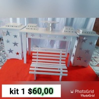 Kit 1
Mesa 1.20
6 bandejas 
1 porta bolo 
2 Cubos 
1 banquinho