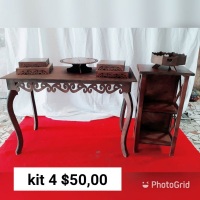 Kit 4 rustico 
Mesa 1.20
1 armário 
3 bandejas 
1 porta bolo 
1 porta bala