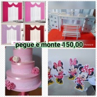 Pegue e monte completo 
Moveis kit fechado 
Bolo fake 
Personagens de mesa 
Cortinas com suporte