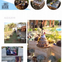 Casamento com toque rustico, ao ar livre, com barris e caixotes de madeira.